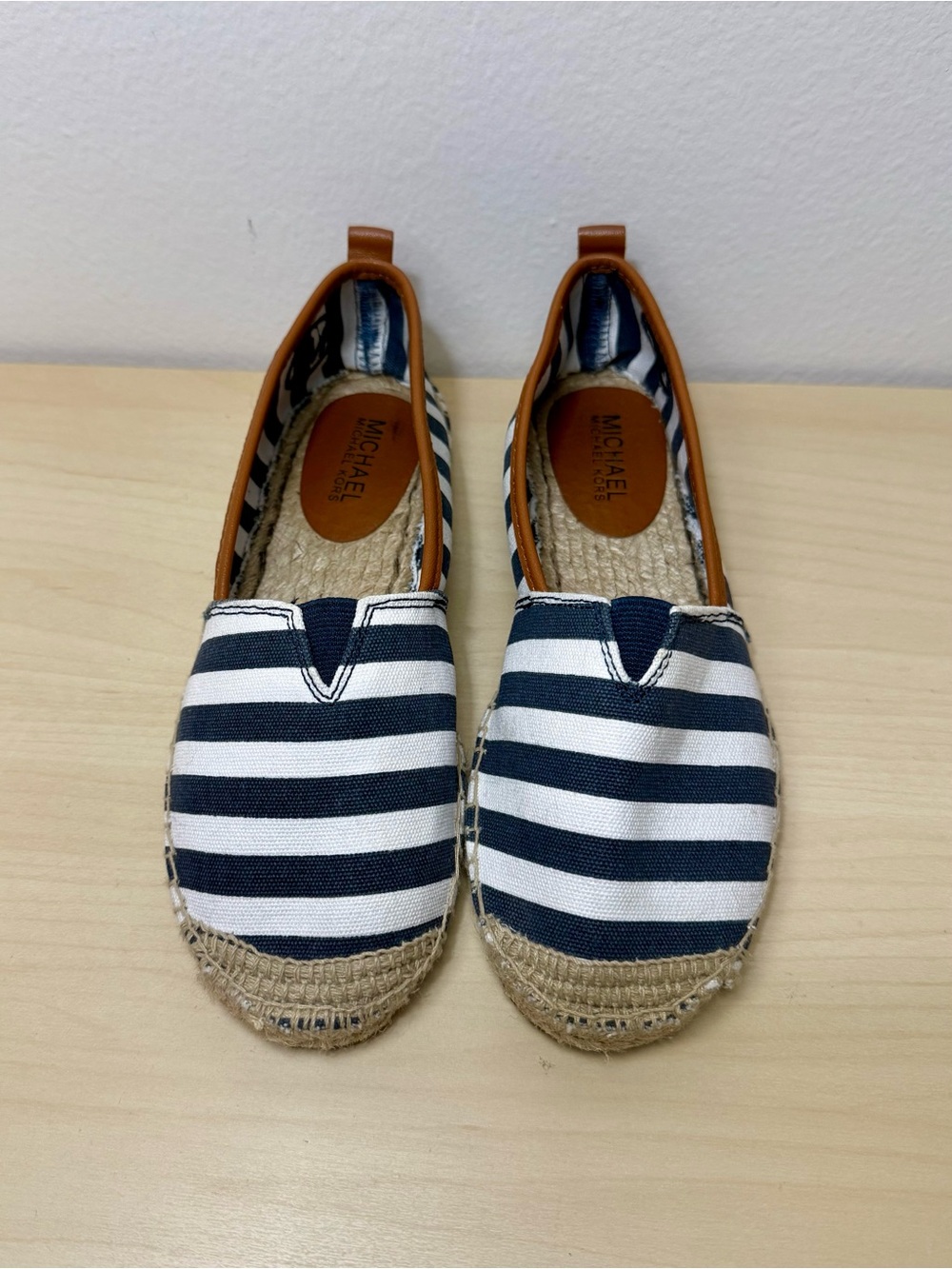 Michael Kors Navy & White Striped Espadrille Flats with Tan Trim